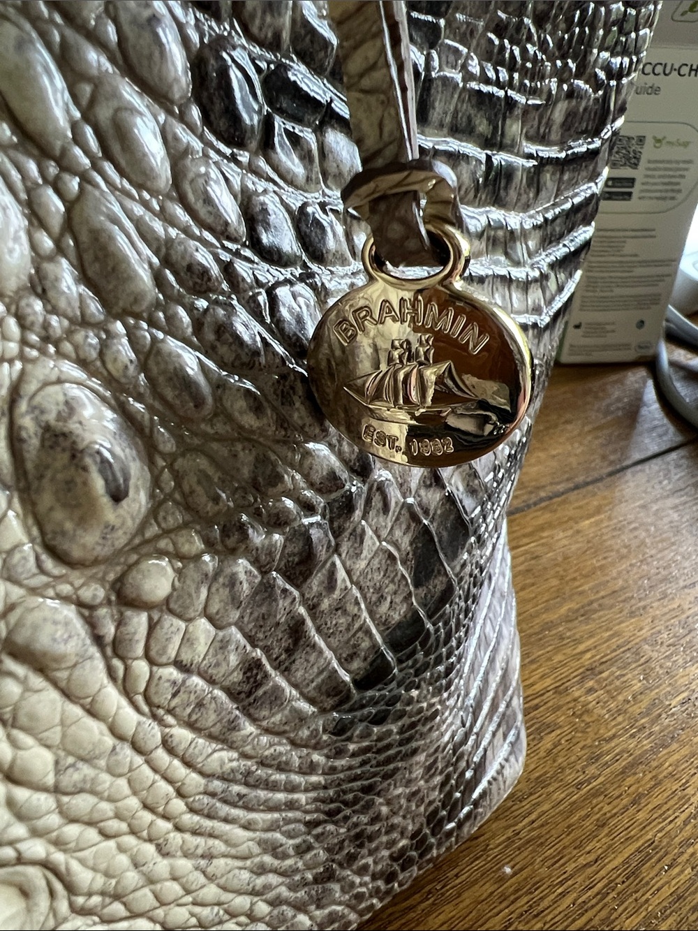 Brahmin Croc-Embossed Satchel in Cream and Gray - Picture 2 of 4